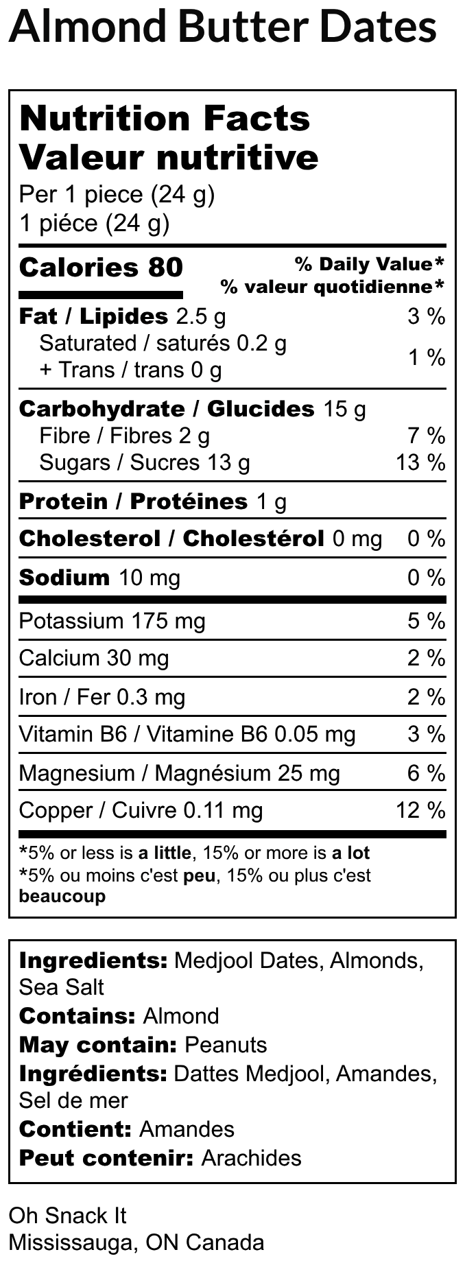 Almond Butter Dates nutrition label