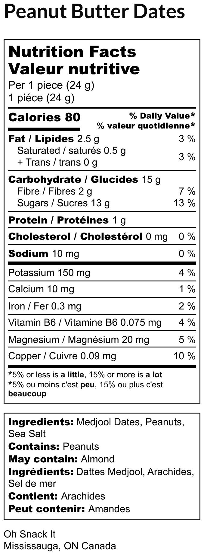 Peanut Butter Dates nutrition label